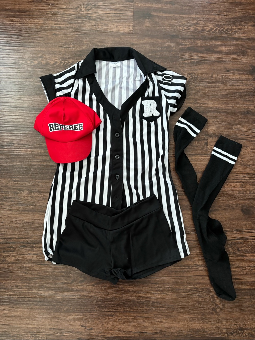 Women’s Referee Costume Set - Black & White with Red Cap